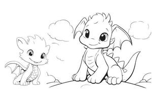 Dragon coloring page for kids, Vector Character Illustration