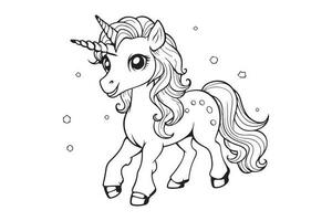 Vector outline for coloring book, Black and White  Unicorn Coloring Page illustration, coloring books, postcards, prints, posters, tattoos. stickers with Vector