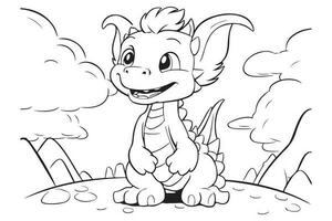 Dragon coloring page for kids, Vector Character Illustration