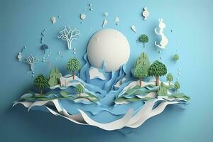 Paper art , Ecology and world water day , Saving water and world Environment day, environmental protection and save earth water , Generate Ai photo