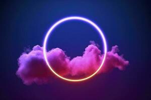 3d render, abstract cloud illuminated with neon light ring on dark night sky. Glowing geometric shape, round frame, generate ai photo