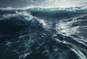 aerial view of huge waves in blue ocean, in the style of textural explorations, fluid gestures, unreal engine, generate ai photo