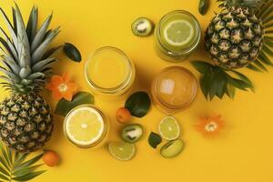Add a pop of color to your summer marketing with this vibrant top view flat lay photo of citrus juice cocktails in glass jars, ananas, orange, kiwi set against a trendy yellow background, generate ai