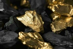 Shiny gold nuggets on coals, closeup view, generate ai photo