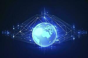 Global network on Earth concept. 3D rendering, World map point. Big data analytics and business concept, world map point and line composition concept of global business, generate ai photo