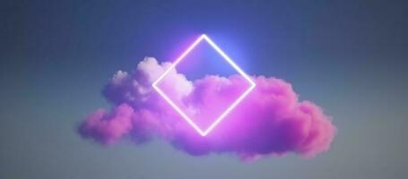 3d render, abstract minimal background with pink blue yellow neon light square frame with copy space, illuminated stormy clouds, glowing geometric shape, generate ai photo