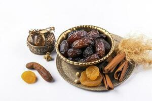 Eid al-Fitr holiday concept with sweet dried dates, fruits and decorations on bright background. Top view from above, generate ai photo