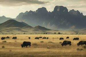 capa de búfalo pasto en el temprano Mañana dorado Dom. , generar ai foto