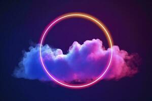 3d render, abstract cloud illuminated with neon light ring on dark night sky. Glowing geometric shape, round frame, generate ai photo
