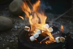 ardiente fuego en un compacto parrilla, madera registros envuelto en rojo llamas, de cerca de freír Malvaviscos en fuego, fumar se levanta, concepto de divertido fiesta, Cocinando delicadeza al aire libre, generar ai foto