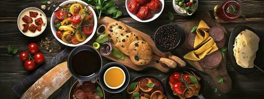 Table scene with a selection of delicious foods. Top view over a dark wood banner background, generate ai photo