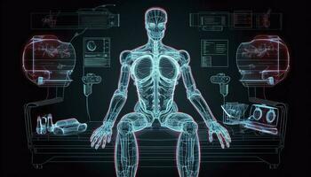 Robot or cyborg programming artificial intelligence in cyberspace data on a large monitor 3d illustration, generate ai photo