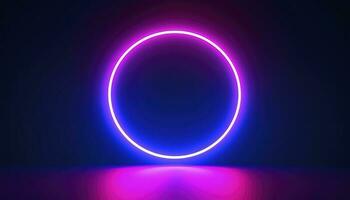 3d render, blue pink neon round frame, circle, ring shape, empty space, ultraviolet light, 80s retro style, fashion show stage, abstract background, generate ai photo