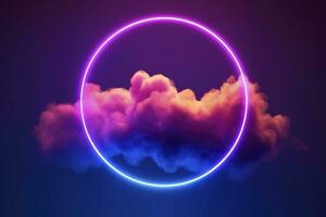 3d render, abstract cloud illuminated with neon light ring on dark night sky. Glowing geometric shape, round frame, generate ai photo