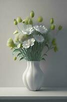 White flowers in vase on white table. 3D rendering. photo