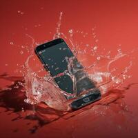 Phone fell into a puddle splashing in water photo