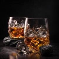 marrón whisky con hielo en un oscuro antecedentes ai generado foto