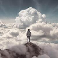 Man high in the sky among white clouds photo