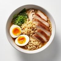 Close up of ramen in bowl on white background photo