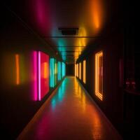 Colorful glow light on dark corridor photo