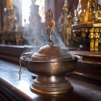 Censer with burning incense in church photo