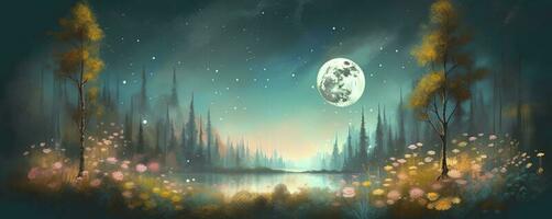 night landscape environment harvest moon over a glittering lake lush vegetation birchwood trees, flowers, magical galaxy. 3d drawing digital art, generate ai photo