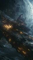 Cinematic Still, intense space battle between two massive battleships, starry sky, nebulae, galaxies, HDR futuristic space battleship destroyers traveling through an asteroid field, generate ai photo
