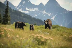 A family of bears playing in a field of wildflower, generate ai photo