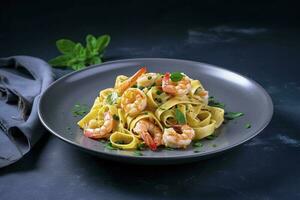 Traditional Italian tagliatelle ai gamberoni pasta with king prawns and herbs served as close-up on a design plate with copy space, generate ai photo