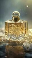 A delicate and noble glass perfume bottle was placed in the middle of the water,The sunlight asperses full, on the water flutters falls the petal, generate ai photo