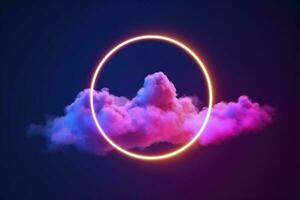 3d render, abstract cloud illuminated with neon light ring on dark night sky. Glowing geometric shape, round frame, generate ai photo