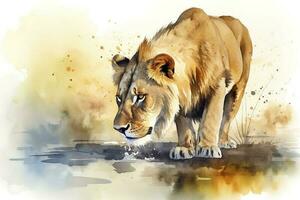 A lion drinking from a river at sunset watercolor painting, beautiful natural forms, crisp clean shapes, colorful, white background , generate ai photo