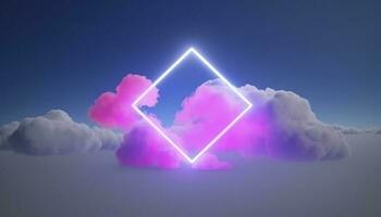 3d render, abstract minimal background with pink blue yellow neon light square frame with copy space, illuminated stormy clouds, glowing geometric shape, generate ai photo