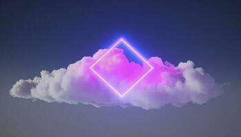 3d render, abstract minimal background with pink blue yellow neon light square frame with copy space, illuminated stormy clouds, glowing geometric shape, generate ai photo