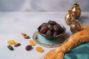 Eid al-Fitr holiday concept with sweet dried dates, fruits and decorations on bright background. Top view from above, generate ai photo