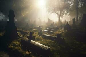 morning at the cemetery, generate ai photo