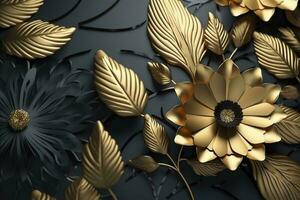 3d mural floral wallpaper. golden and black flowers and leaves. 3d render background wall decor, generate ai photo