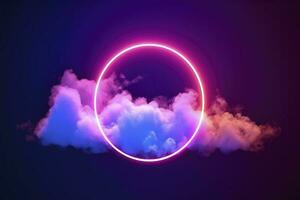 3d render, abstract cloud illuminated with neon light ring on dark night sky. Glowing geometric shape, round frame, generate ai photo