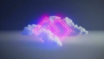 3d render, abstract minimal background with pink blue yellow neon light square frame with copy space, illuminated stormy clouds, glowing geometric shape, generate ai photo