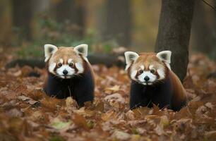 un par de rojo pandas jugando en un bosque, generar ai foto