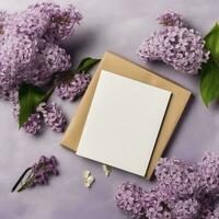 Flat lay with lilac and blank greeting card, flowers and book , generat ai photo