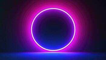 3d render, blue pink neon round frame, circle, ring shape, empty space, ultraviolet light, 80s retro style, fashion show stage, abstract background, generate ai photo