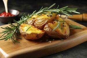 Tasty baked potato and aromatic rosemary served on wooden board, closeup, generate ai photo