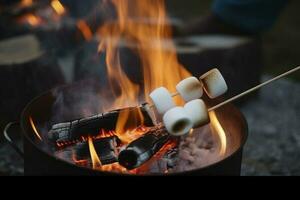 ardiente fuego en un compacto parrilla, madera registros envuelto en rojo llamas, de cerca de freír Malvaviscos en fuego, fumar se levanta, concepto de divertido fiesta, Cocinando delicadeza al aire libre, generar ai foto