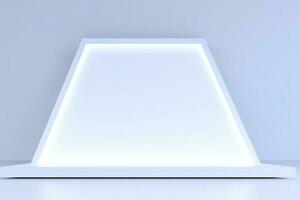Realistic podium display with neon white lights, Product display background with light frame, White prodium product display with light effect, neon lights background, generate ai photo