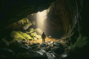 aventurero en un cueva, generar ai foto