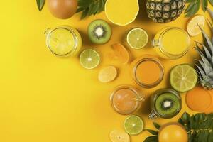 Add a pop of color to your summer marketing with this vibrant top view flat lay photo of citrus juice cocktails in glass jars, ananas, orange, kiwi set against a trendy yellow background, generate ai