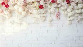 Flower texture background for wedding scene. Flowers on white brick wall with free space for text. Wedding or party decoration. Floral arrangement, floristics setting, generate ai photo