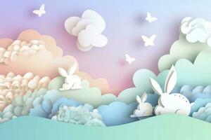 Horizontal banner with paper cut clouds, rabbit, eggs, and hearts, blue sky background, paper cut craft art. A place for text. Happy Easter Day sale concept, template with square frame, generate ai photo