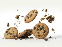 Tasty chocolate chip cookies falling isolated on white background, generate ai photo